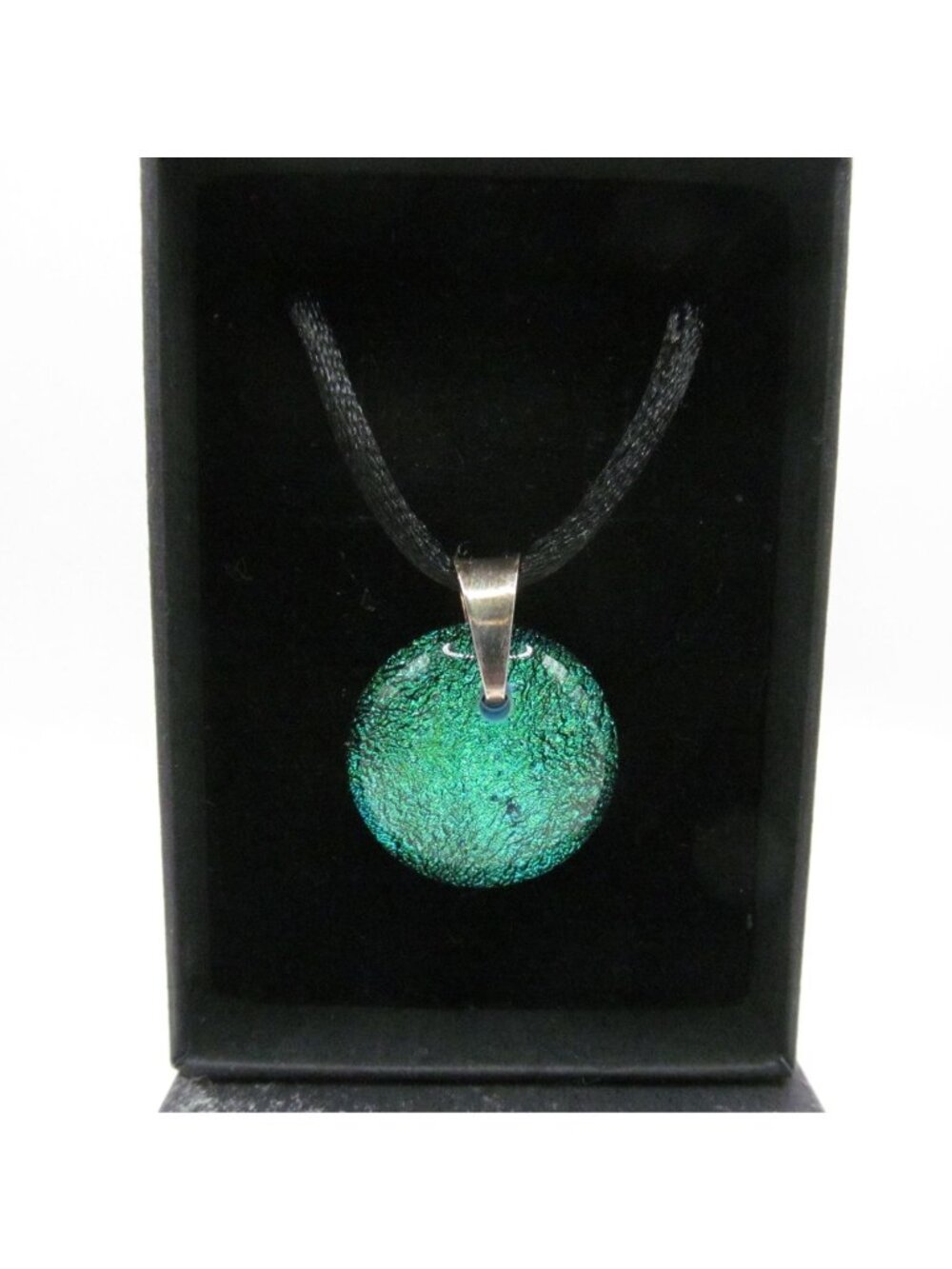 Sterling 925 Dichroic Green Blue Glass Pendant Necklace on Black Cord Cristallo